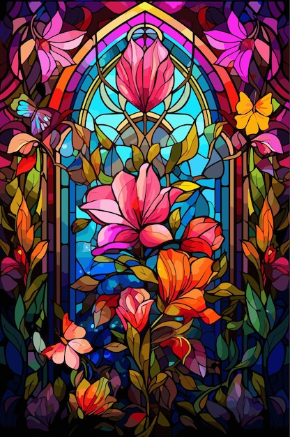 Illustrazione in stile vetrata con fiori astratti foglie e riccioli immagine rettangolare illustrazione vettoriale