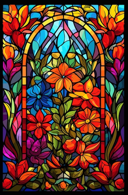 Illustration in stained glass style with abstract flowers leaves and curls rectangular image vector illustration