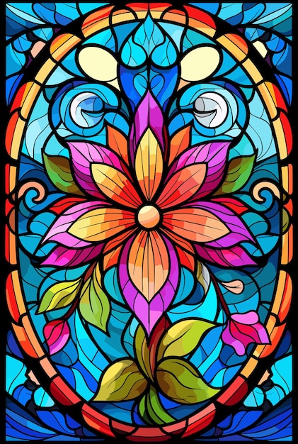 Иллюстрация в стиле витража с абстрактными цветами листьями и кудрями прямоугольное изображение Векторная иллюстрация