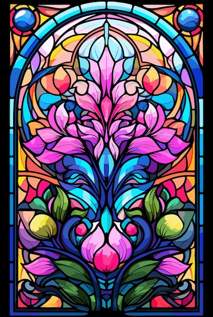 Illustration in stained glass style with abstract flowers leaves and curls rectangular image Vector illustration