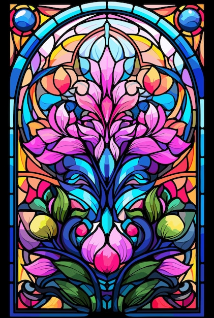 Illustration in stained glass style with abstract flowers leaves and curls rectangular image vector illustration