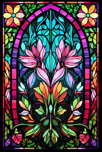 Illustration in stained glass style with abstract flowers leaves and curls rectangular image Vector illustration