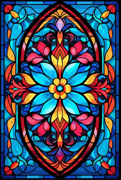 Illustration in stained glass style with abstract flowers leaves and curls rectangular image Vector illustration