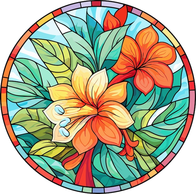 Illustration in stained glass style with abstract flowers leaves and curls round image Vector illustration