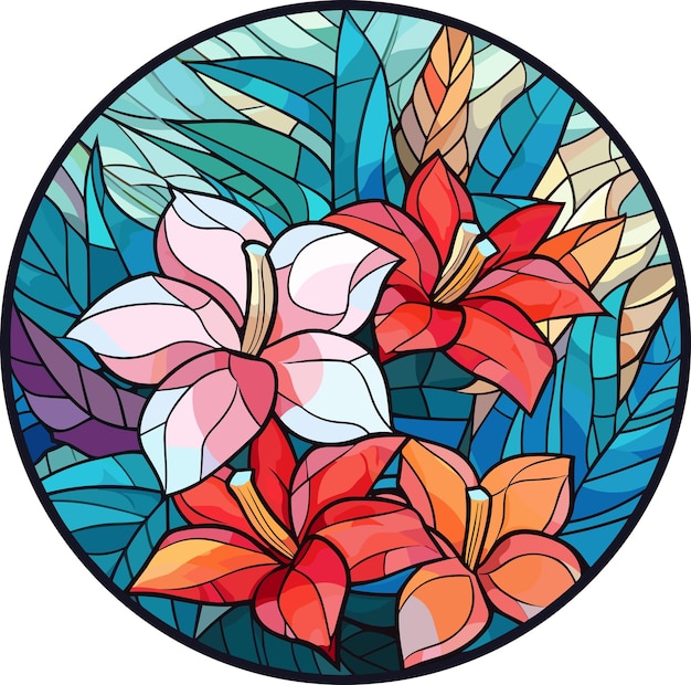 Illustration in stained glass style with abstract flowers leaves and curls round image Vector illustration