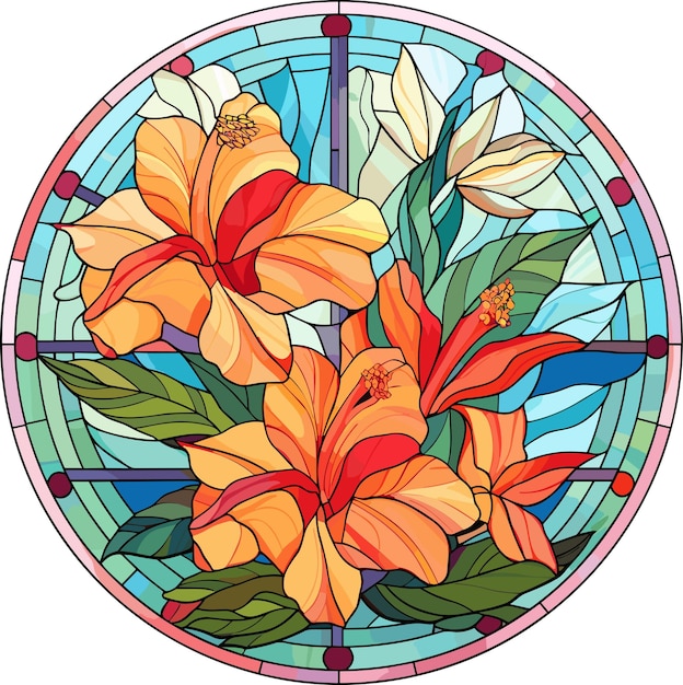 Illustration in stained glass style with abstract flowers leaves and curls round image Vector illustration