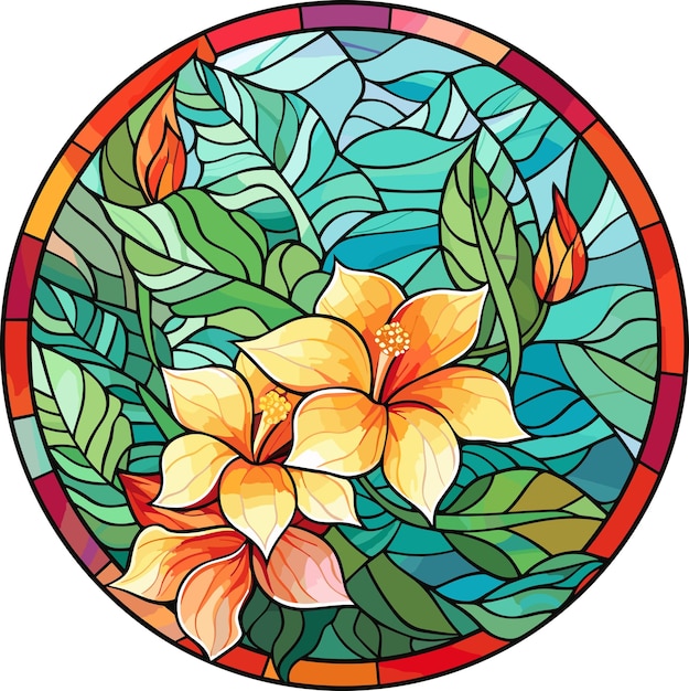 Illustration in stained glass style with abstract flowers leaves and curls round image Vector illustration