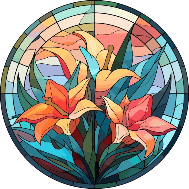 Illustration in stained glass style with abstract flowers leaves and curls round image vector illustration