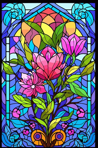 Illustration in stained glass style with abstract flowers leaves fishes and curls rectangular image Vector illustration