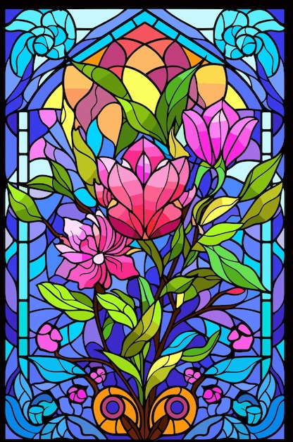 Illustration in stained glass style with abstract flowers leaves fishes and curls rectangular image vector illustration