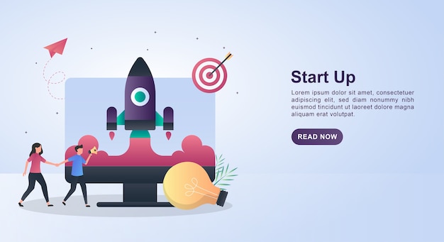 Vector illustration  of start up with an upward launching rocket and a light bulb.