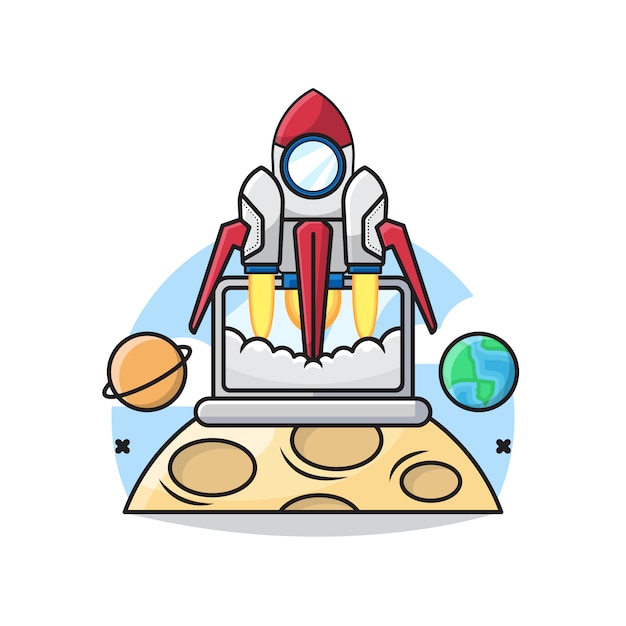 Vector illustration of startup business concept with the rocket takes off inside the laptop.