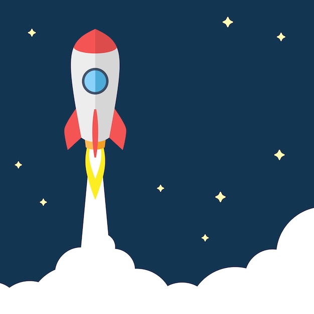 Vector illustration of startup concept. flying rocket on dark background