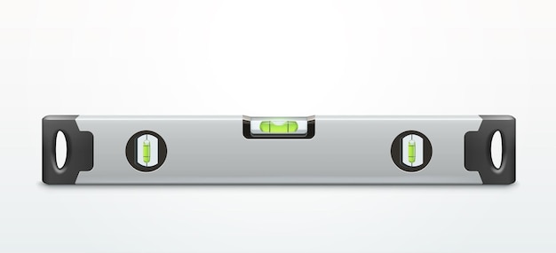 Vector illustration of steel grey construction spirit level tool lying on white backdrop with some shadow