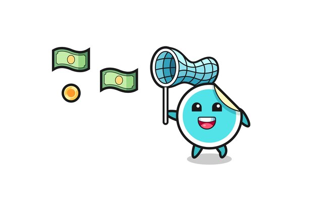 Vector illustration of the sticker catching flying money , cute design