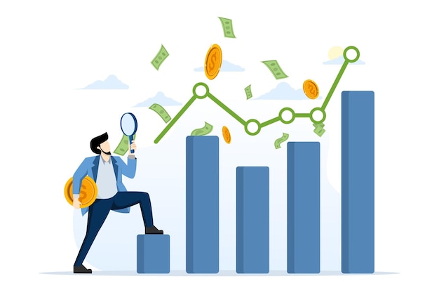 illustration of stock market report concept with businessman holding money coins analyzing graph