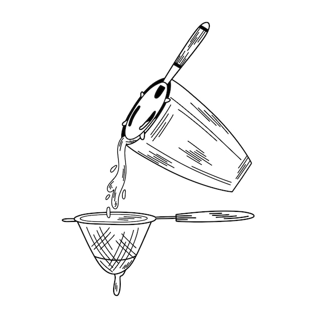 Illustration of straining a cocktail using shaker and strainer bartender set