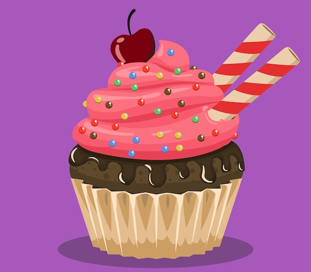 illustration of a strawberry Cupcake with cherry in the top