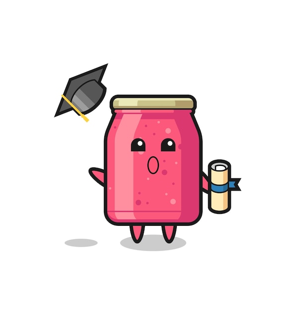 Illustration of strawberry jam cartoon throwing the hat at graduation