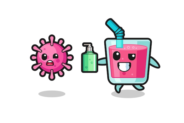 Illustration of strawberry juice character chasing evil virus with hand sanitizer