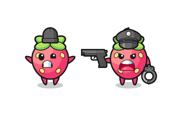 Illustration of strawberry robber with hands up pose caught by police