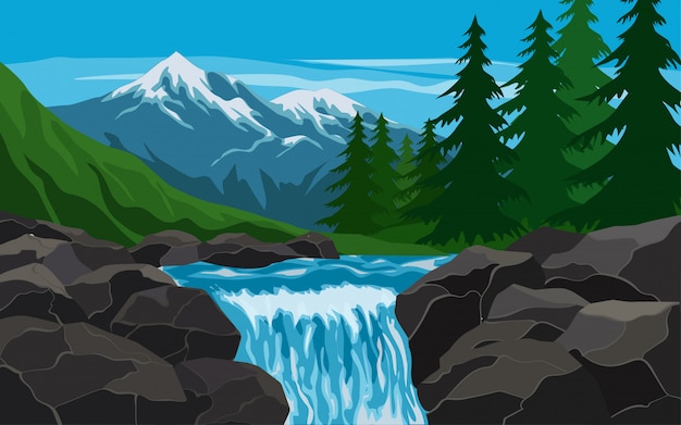 Illustration of stream with mountain