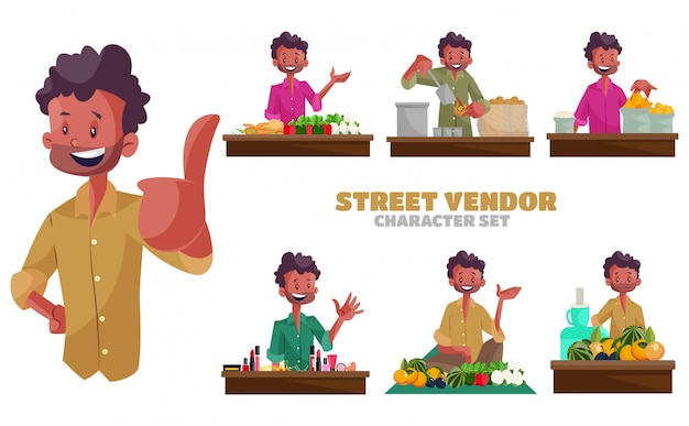 Illustrazione del set di caratteri venditore ambulante
