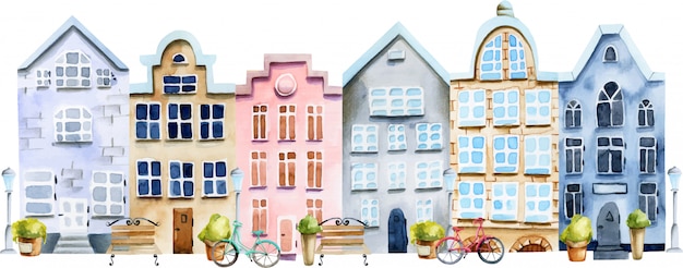 Illustration of street of watercolor scandinavian houses