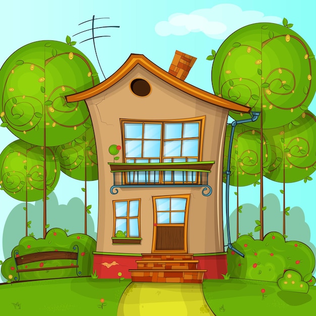 Vector illustration of street with house and trees