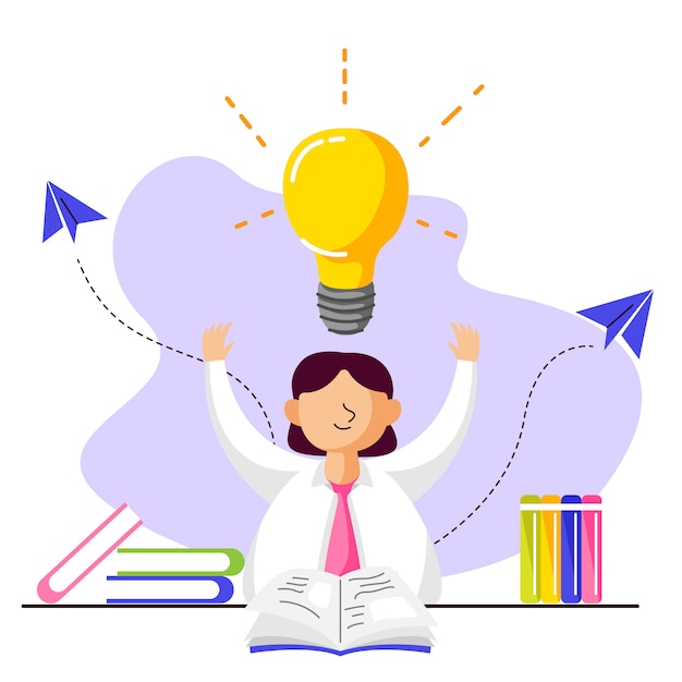 Vector illustration of a student finding ideas while reading a book