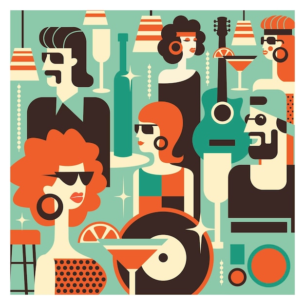 Illustration in the style of the 70s. retro party.