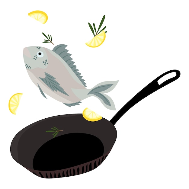 Illustration in the style of kartun cooking fish with lemon in a frying pan