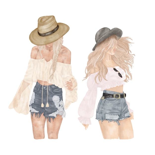 Vector illustration of stylish girls in hats and shorts