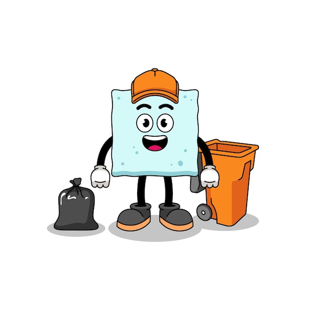 Illustration of sugar cube cartoon as a garbage collector character design