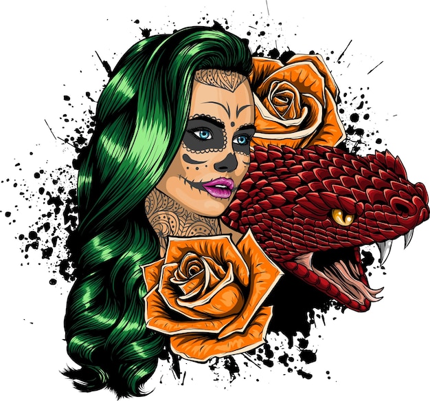 Vector illustration of sugar skull girl with flower roses and snake