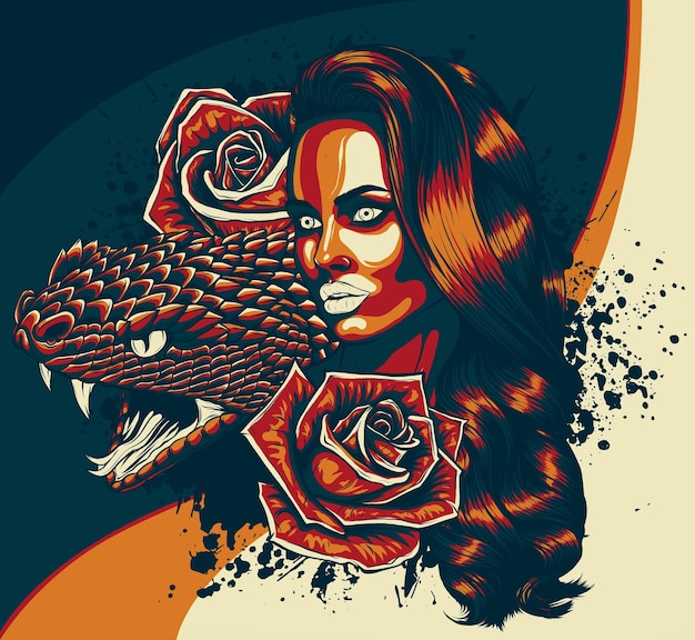 illustration of Sugar skull girl with flower roses and snake