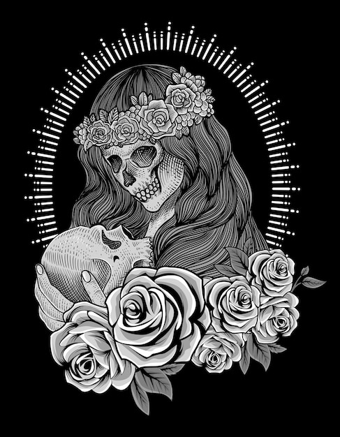 Illustration sugar skull woman with engraving style