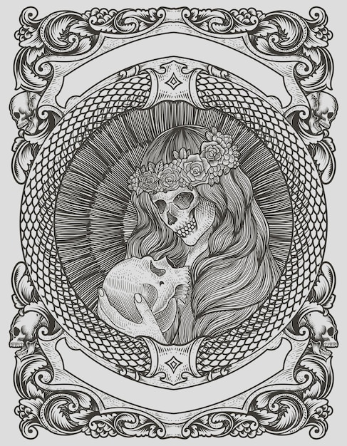 Illustration sugar skull woman with engraving style