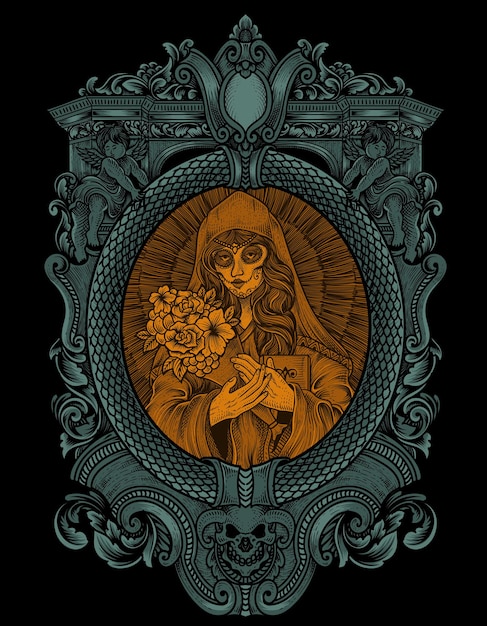Иллюстрация черепа сахарной женщины с рамкой орнамента гравировки