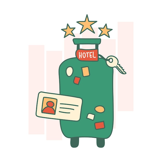 Illustration of a suitcase with a hotel key and a pass Checkin at a star hotel Travel vacation