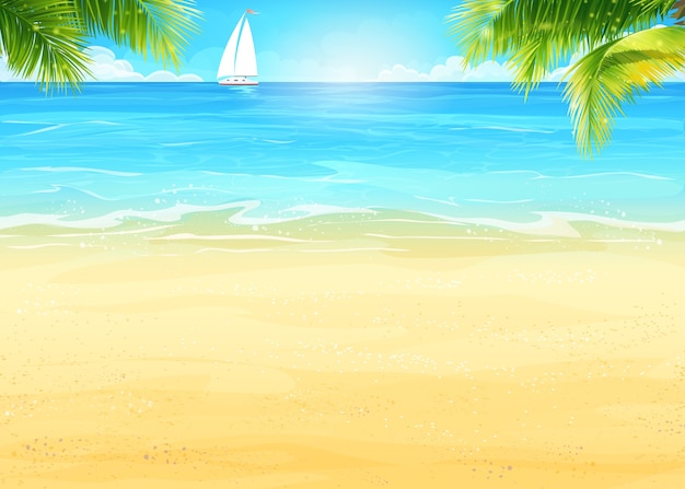 Vector illustration summer beach and palm trees on the background of the sea and white sailboat