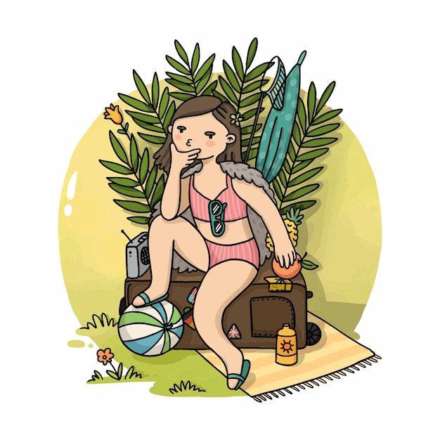 Иллюстрация летняя девушка в купальнике, сидя на чемодане