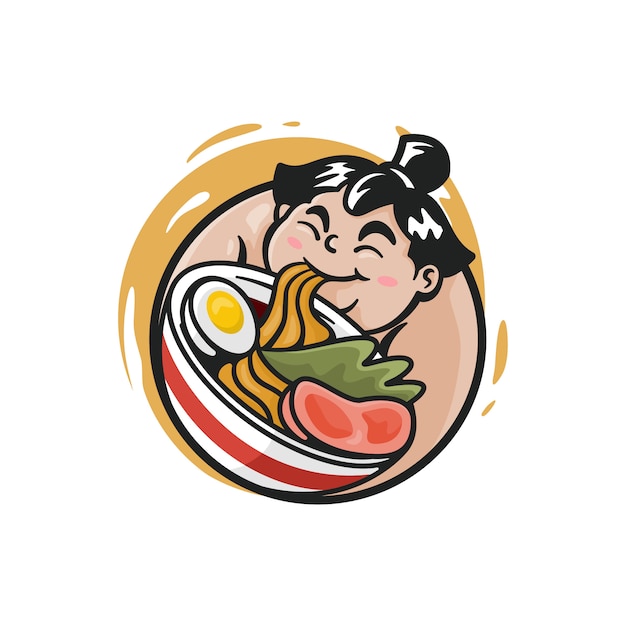 Vector illustration of sumo eating noodles