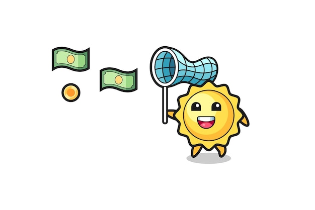 Illustration of the sun catching flying money  cute design