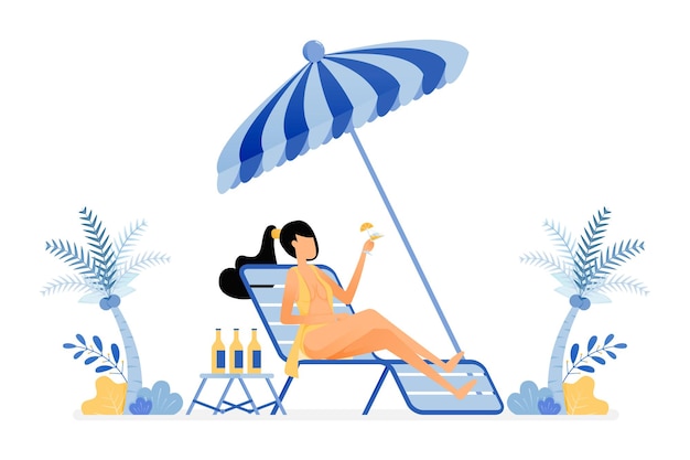 Vector illustration of sunbathing women sit on beach and enjoy holiday under a coconut tree