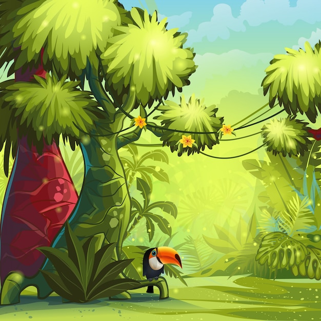 Illustration sunny morning in the jungle with bird toucan