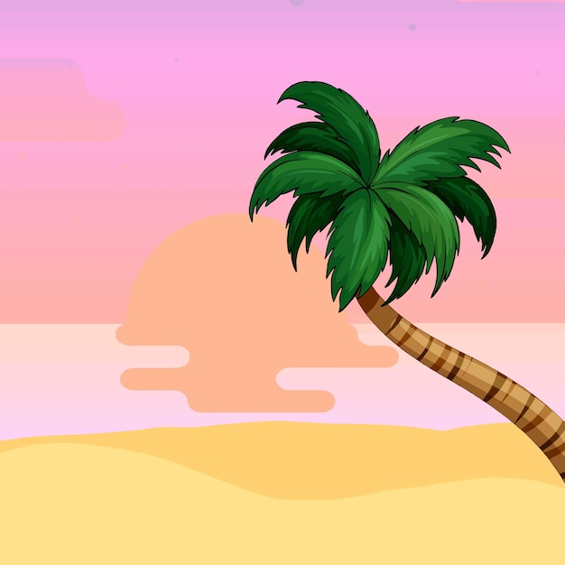 illustration of sunset on the beach and coconut trees