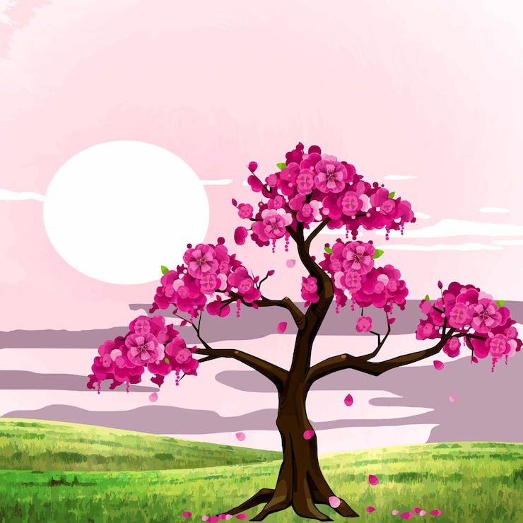 Vector illustration of sunset and cherry trees