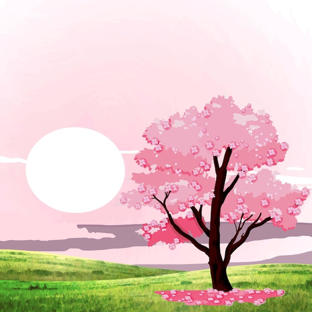 illustration of sunset and cherry trees