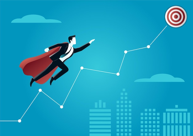 Vector illustration of a super businessman flying to the target. describe reaching a target.